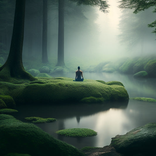 A serene, misty forest landscape with a lone figure in lotus pose on a moss-covered rock, surrounded by lush greenery and a subtle, shimmering aura, evoking calmness and tranquility.