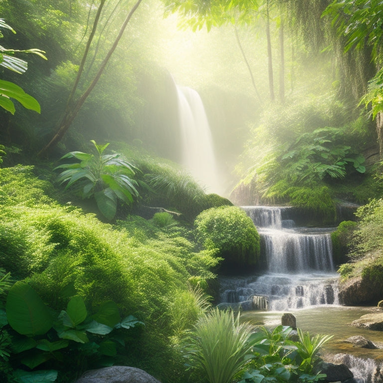 A lush, vibrant green landscape filled with various hair growth promoting plants, such as rosemary and peppermint, alongside a serene waterfall, with radiant sunlight filtering through the leaves, creating a rejuvenating atmosphere.