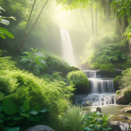 A lush, vibrant green landscape filled with various hair growth promoting plants, such as rosemary and peppermint, alongside a serene waterfall, with radiant sunlight filtering through the leaves, creating a rejuvenating atmosphere.