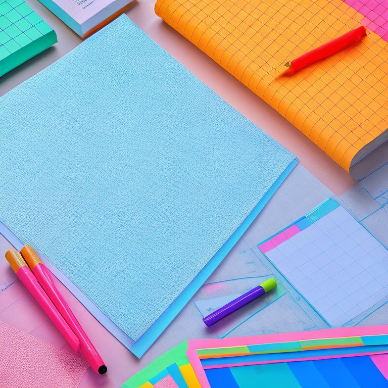 A graph paper background with scattered sticky notes, colorful pens, and a few scattered papers with charts and diagrams, all surrounded by a subtle grid of lines and shapes.