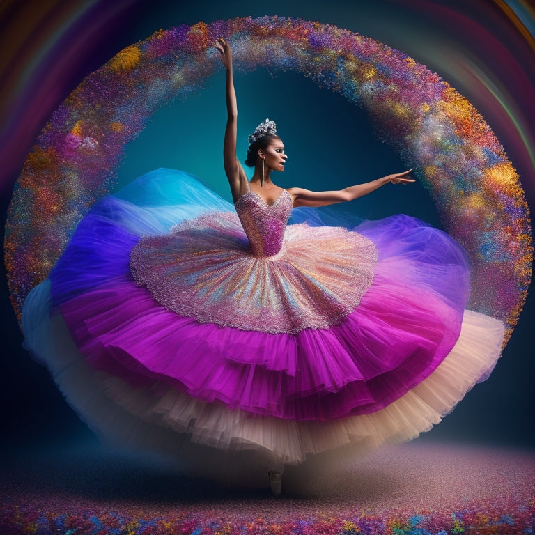 A whimsical illustration showcasing a dancer in mid-pirouette, surrounded by a swirling vortex of colorful leotards and flowing skirts, with delicate lace, ruffles, and sparkling embellishments.