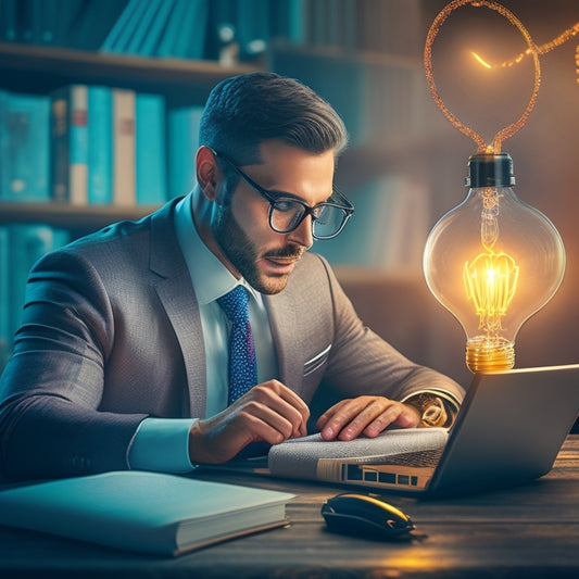 A stylized illustration of a person morphing from a suit-clad entrepreneur to a thought leader surrounded by lightbulbs, books, and a laptop, with a subtle glow and warm colors.
