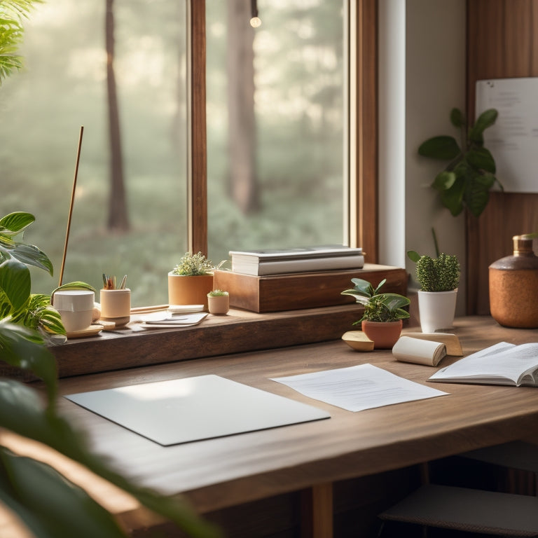 A serene, minimalist workspace with a wooden desk, a half-finished craft project, and scattered inspirational notes, surrounded by lush greenery and warm, golden lighting.