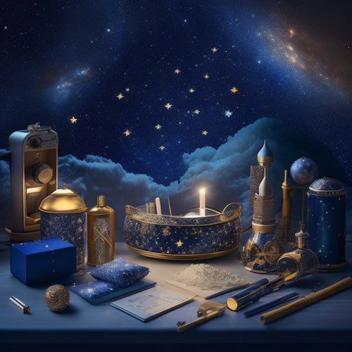 A whimsical illustration featuring a starry night sky, telescopes, art supplies, and celestial-inspired gifts, surrounded by twinkling lights, constellations, and subtle nebulae patterns.