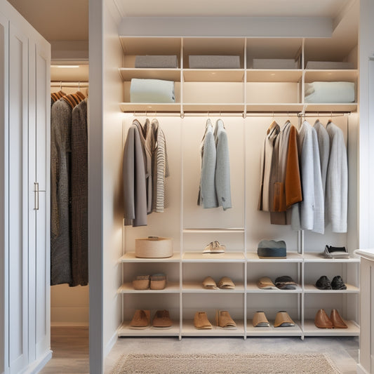 A minimalist walk-in closet with a double rod, stackable shelves, shoe rack, and hanging organizers, illuminated by a pendant light, with a neutral color palette and minimal accessories.