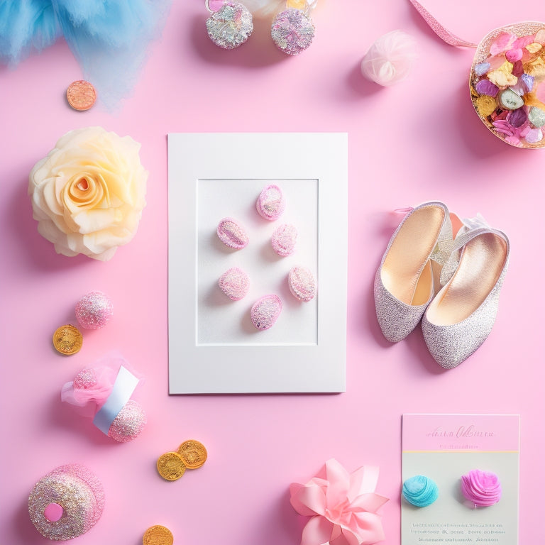 A whimsical illustration featuring a pair of ballet shoes surrounded by colorful scrunchies, ballet-themed cards, and tutu-inspired elements, set against a soft, pastel pink background with subtle sparkle accents.