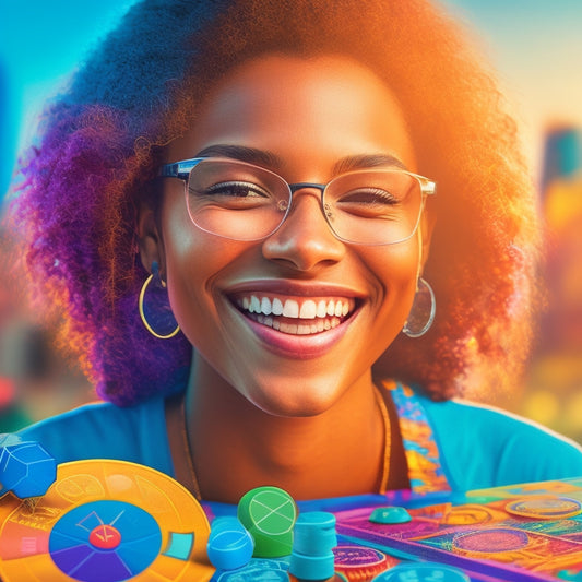 A vibrant illustration of a smiling student surrounded by swirling math symbols and colorful game pieces, with a subtle cityscape or futuristic background, blending education and entertainment.