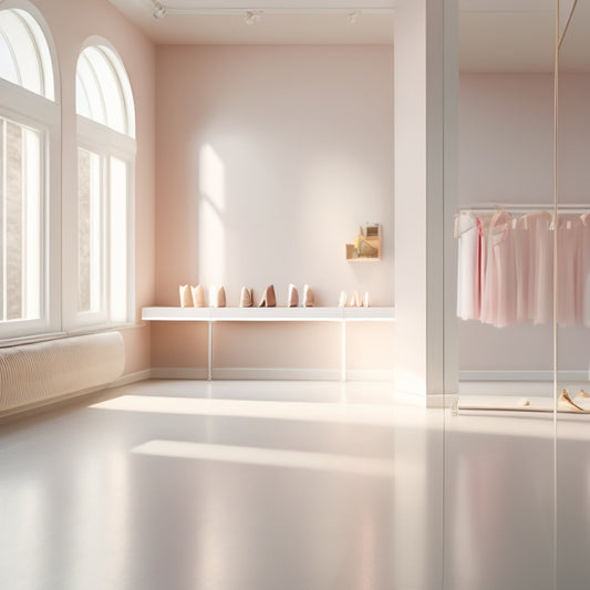 A serene, sunlit dance studio with a sleek, modern ballet barre in the center, surrounded by mirrors, with a few ballet shoes and towels scattered around, and a subtle gradient of pastel colors.