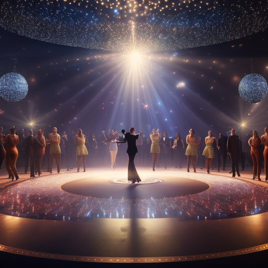 A vibrant, star-studded background with a central spotlight shining down on a dancing silhouette, surrounded by glittering trophies, medals, and a subtle, swirling pattern of dance floor lights.