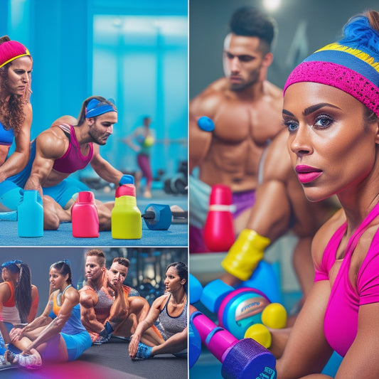 A vibrant scene showcasing various colorful performance headbands on a gym bench, surrounded by dumbbells and a water bottle, with a blurred background of a fitness studio and energetic workout atmosphere.