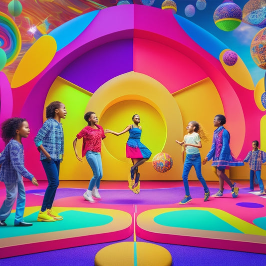 A vibrant illustration of diverse students, aged 8-12, in a colorful, futuristic classroom, surrounded by swirling dance-inspired mathematical patterns and shapes, with 3D geometric shapes suspended in mid-air.