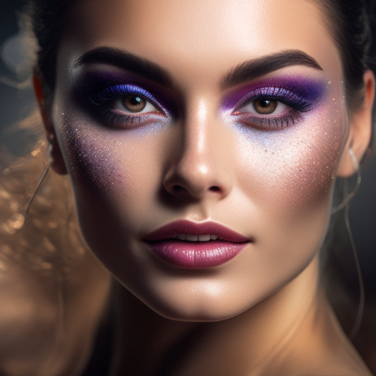 A close-up of a dancer's face, spotlight shining down, with a flawless, shimmering makeup look, surrounded by scattered makeup brushes, eyeshadows, and a mirror reflecting a blurred dance studio background.