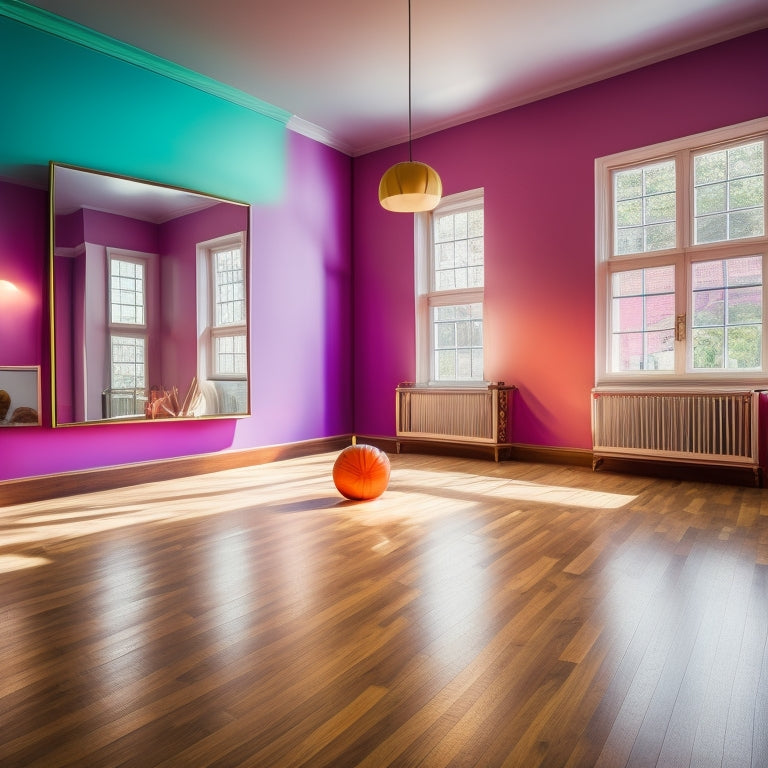 A vibrant dance studio with warm wooden floors, featuring a pair of sleek, cushioned dance shoes in vibrant colors, surrounded by soft, flowing fabrics and a mirror reflecting dynamic movement.