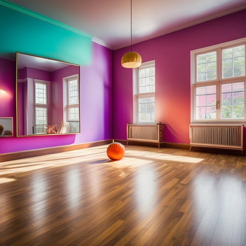 A vibrant dance studio with warm wooden floors, featuring a pair of sleek, cushioned dance shoes in vibrant colors, surrounded by soft, flowing fabrics and a mirror reflecting dynamic movement.