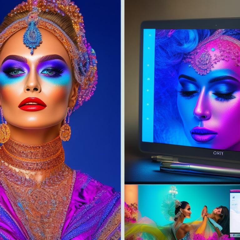 A split-screen image featuring a digital makeup artist's workstation on one side, with a tablet, stylus, and reference images of dance-inspired makeup looks, and a stunning, edited image of a dancer in a bold, glittering makeup design on the other.