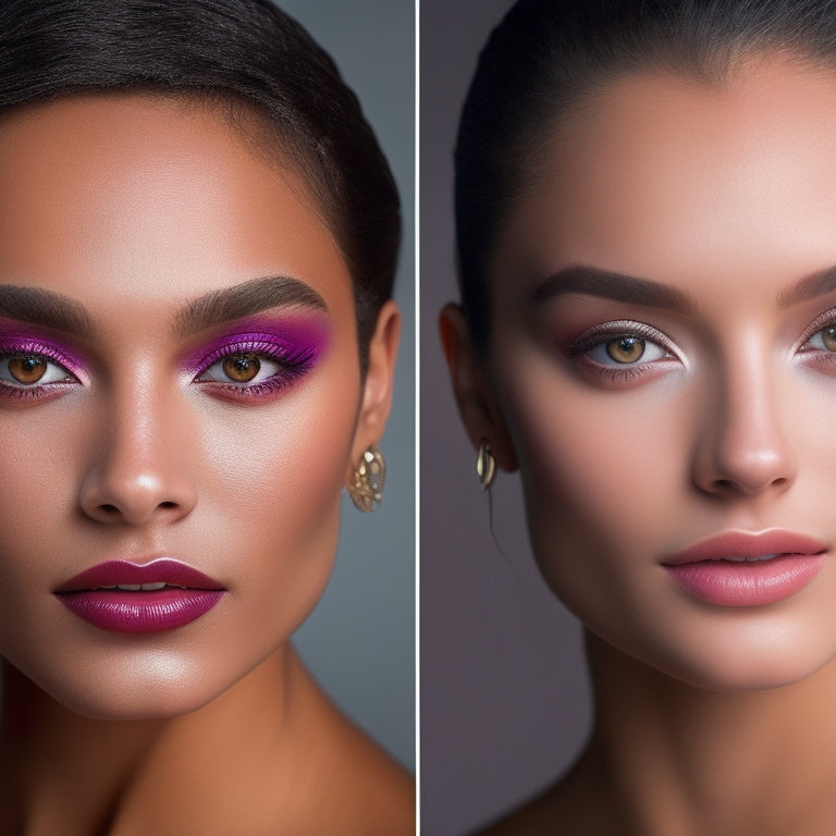 A split-screen image featuring a natural, everyday eye look on the left and a glamorous, bold prom-inspired eyeshadow look on the right, with identical facial features and skin tone.