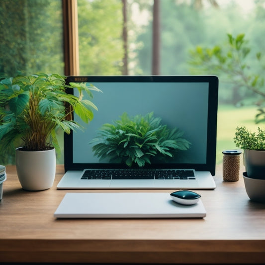 A serene, minimalist desk with a laptop, a planner, and a cup of steaming coffee, surrounded by lush greenery and a subtle, calming gradient background, evoking a sense of organization and tranquility.