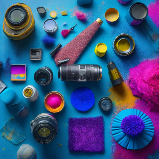 A kaleidoscope of colors bursts from a central axis, swirling patterns of paint, ink, and fabric fragments, surrounded by camera lenses, brushes, and musical instruments, set against a dark, gradient blue background.