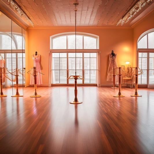 A vibrant dance studio interior with a wooden floor, mirrored walls, and ballet barres, surrounded by dance shoes, leotards, and tutus, with a warm, golden lighting ambiance.