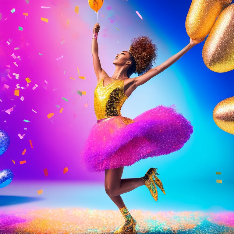 A colorful, dynamic illustration featuring a dancer in mid-pose, surrounded by swirling confetti, balloons, and a giant, shiny trophy, set against a bright, gradient background with subtle dance-inspired patterns.