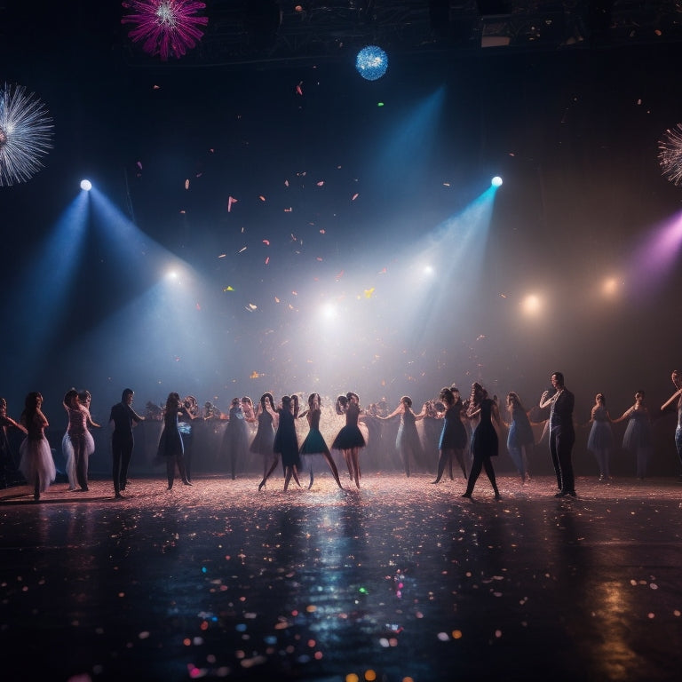 A darkened stage with a gleaming wooden floor, spotlights shining down, and a row of dancers in shimmering costumes, frozen in dramatic poses, with confetti and balloons scattered around them.