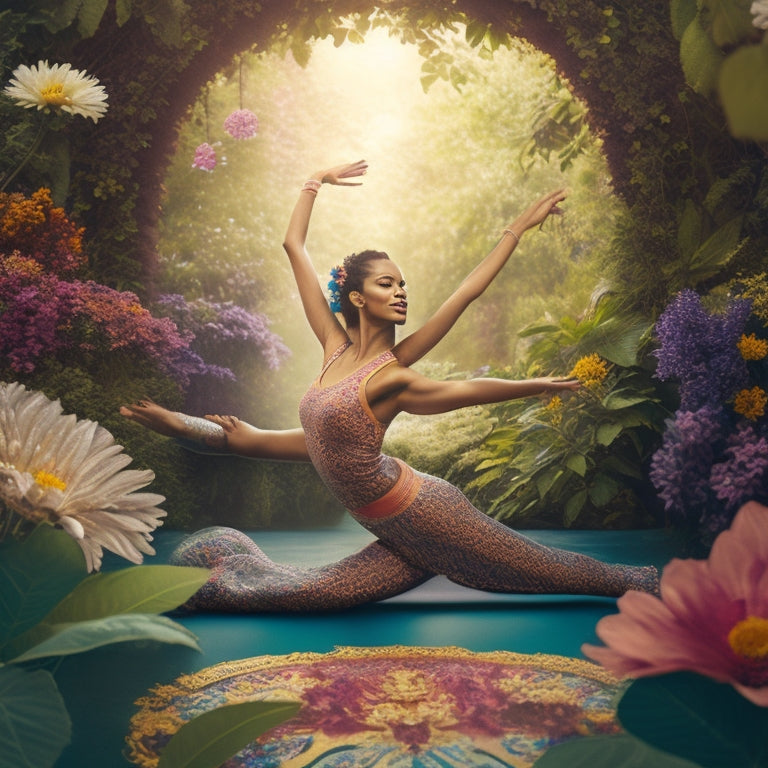 A serene and vibrant illustration depicting a joyful dancer in mid-movement, surrounded by swirling patterns of greenery and flowers, with a subtle yoga mat and gentle, warm lighting.