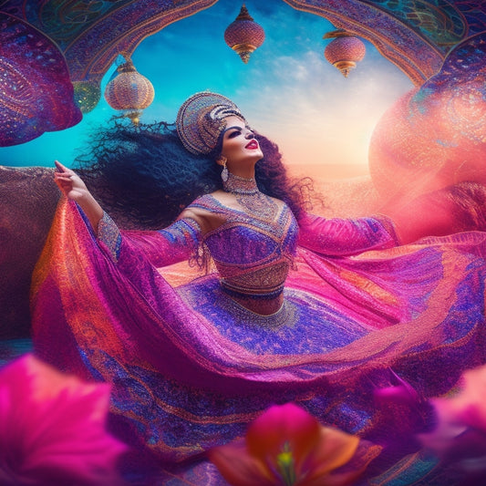 A whimsical, dreamy illustration of a belly dancer surrounded by swirling Arabic patterns, wearing a VR headset, with virtual flowers and stars orbiting her body as she dances in a vibrant, kaleidoscope-colored environment.