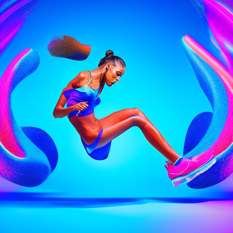 A stylized illustration of a dancer in mid-pose, surrounded by swirling digital screens and laptops, with dance shoes and headphones scattered around, set against a bright, gradient blue background.