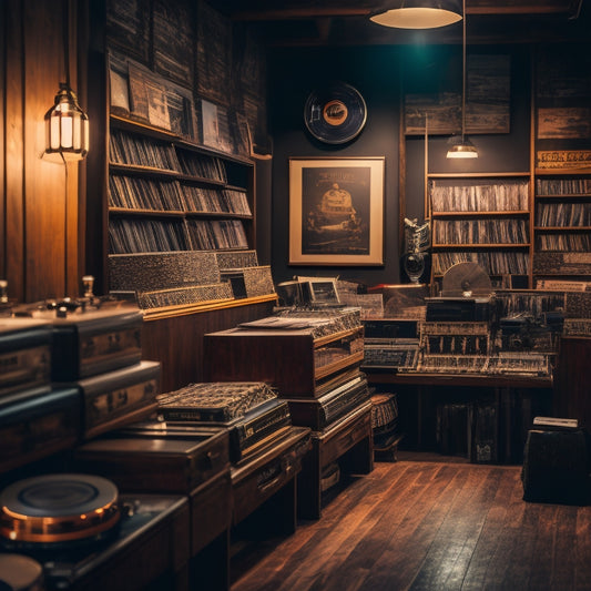 A dimly lit, wooden-paneled record store with vintage turntables and stacks of rare vinyl records, surrounded by music memorabilia including guitars, concert posters, and vintage music equipment.