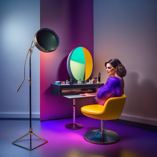 A sleek, modern makeup station with a rotating chair, surrounded by an array of colorful products and brushes, featuring a half-finished, glamorous model in the chair, with a spotlight shining down.