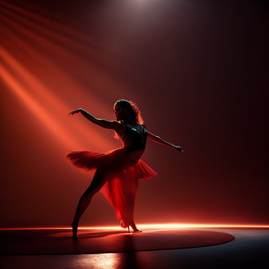 A dramatic, low-lit illustration of a dancer's silhouette, spotlight shining on their hips, with subtle, glowing red accents indicating pain, surrounded by faint, swirling dance movements.