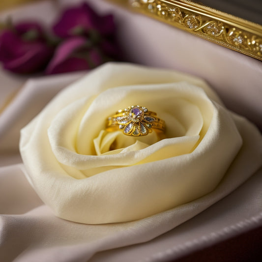 A delicate, beaded wedding veil lies crumpled on a velvet-lined ring box, surrounded by scattered rose petals, with two simple gold bands peeking out from beneath the folds.