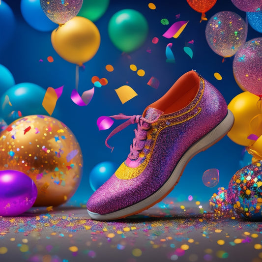 A whimsical illustration of a pair of dancing shoes, surrounded by colorful balloons and confetti, with a subtle glow and sparkles, conveying joy and celebration.