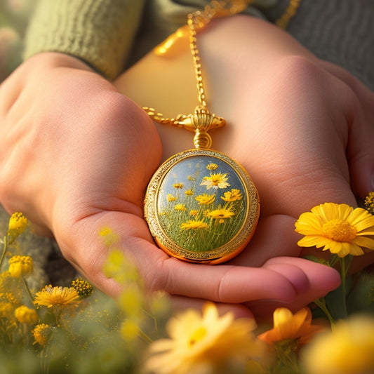 A warm, golden-lit illustration of a mother's gentle hands cradling a glowing, ornate locket, surrounded by scattered, yellowed pages and a few, delicate, blooming wildflowers.