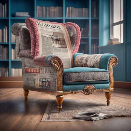 An illustration of a vintage armchair with a dancer's legs and feet protruding from underneath, surrounded by scattered newspapers with bold, eye-catching headlines.