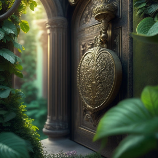 A golden key unlocking a ornate, old-fashioned door with intricate carvings, surrounded by lush greenery and vines, with a subtle glow emanating from the crack of the opening door.