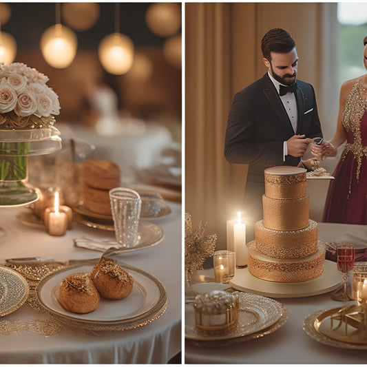 A warm, golden-lit illustration of a elegant wedding reception, with subtle hints of currency and gift boxes amidst the decorations, and a discreetly placed vendor team in the background.