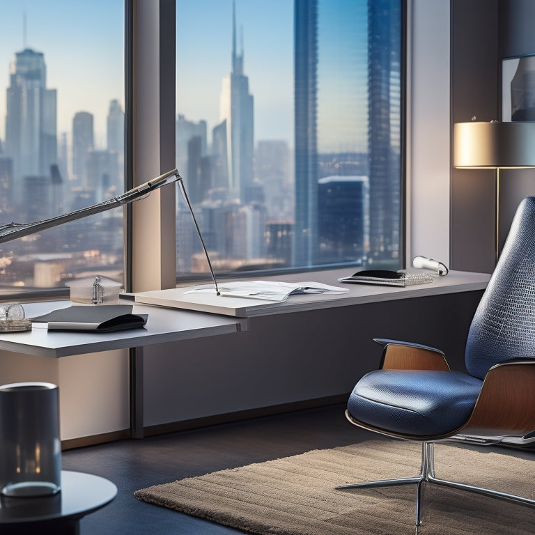 A sleek, modern office desk with a leather chair, a crumpled newspaper, and a single, gleaming silver pen lying across the headline, set against a blurred cityscape background.