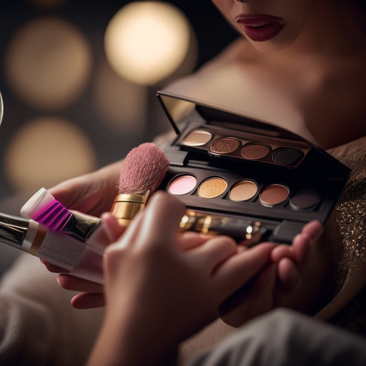 A close-up shot of a makeup artist's hands holding a variety of brushes, surrounded by open makeup palettes, with a subtle film strip pattern in the background, lit by soft, golden lighting.