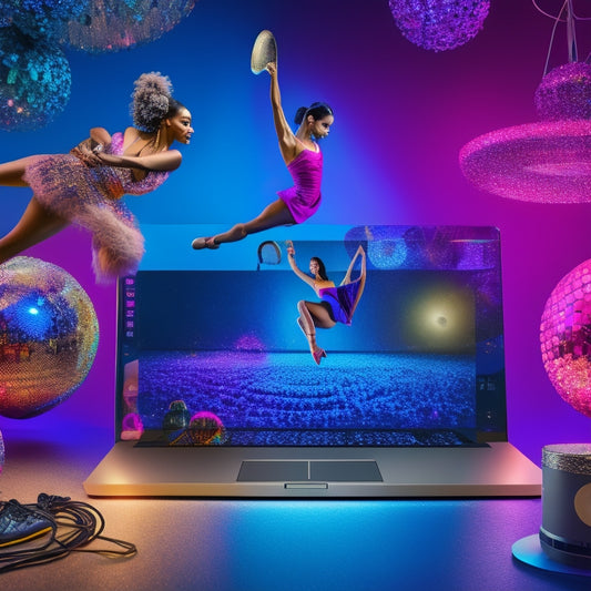 A bright, colorful illustration depicts a laptop screen displaying a virtual dance studio, surrounded by dance-inspired icons, such as ballet shoes, headphones, and a disco ball, amidst swirling dance moves.