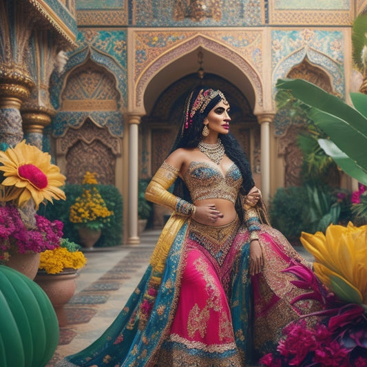 A whimsical illustration featuring a belly dancer in a vibrant, eclectic outfit with intricate patterns and layered skirts, surrounded by exotic flowers and ornate Middle Eastern-inspired architecture.