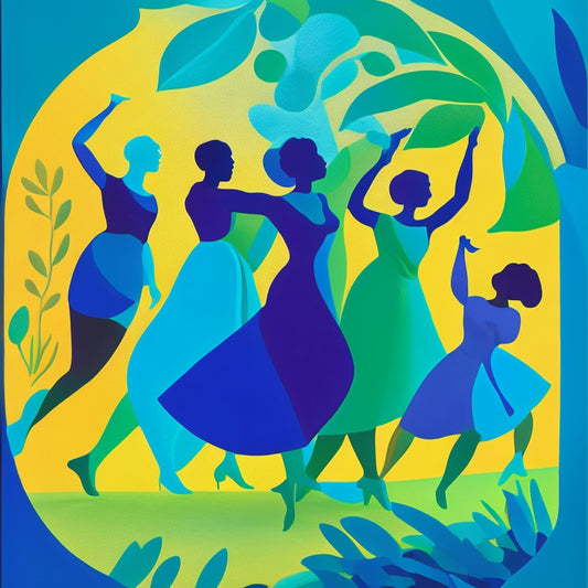 A vibrant digital illustration featuring a stylized, curved silhouette of dancing figures in shades of blue, green, and yellow, reminiscent of Henri Matisse's 'The Dance' painting.