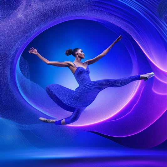 A stylized illustration of a dancer in motion, surrounded by swirling patterns of data visualization elements, such as graphs, charts, and infographics, in shades of blue and purple.