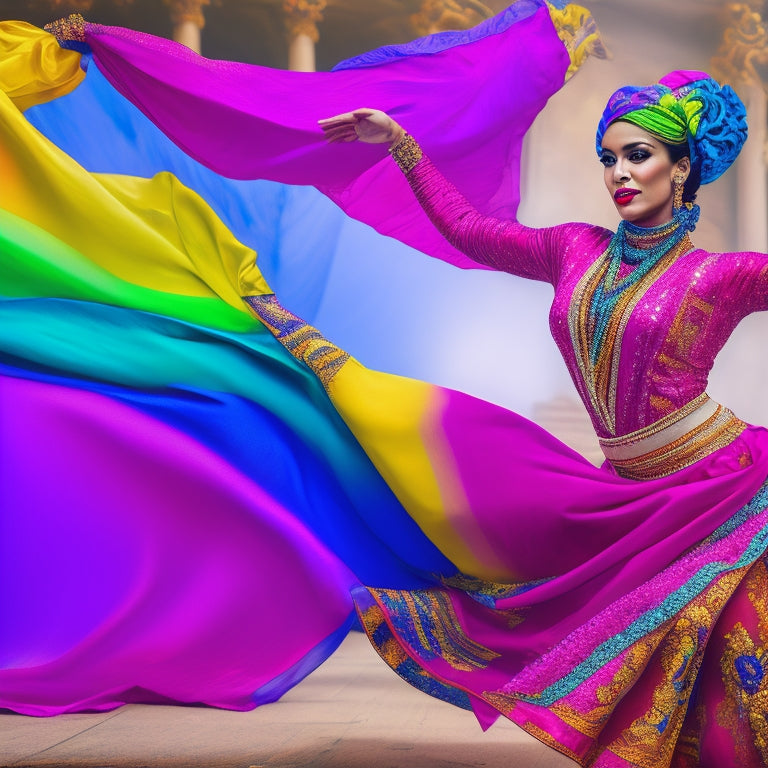 A vibrant, dynamic illustration featuring a central dancer in mid-performance, surrounded by 5-7 flowing, colorful scarves in various styles, with subtle sparkle and shine effects.