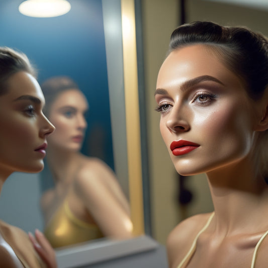 A dancer in a studio, surrounded by mirrors and ballet bars, with contouring and highlighting makeup applied to accentuate their facial features, with a subtle sparkle on their cheekbones and nose.