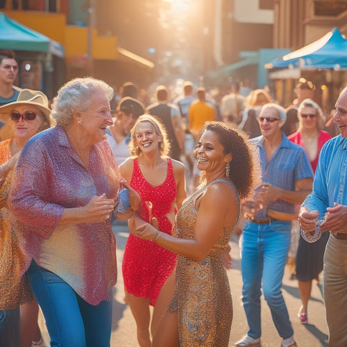 A vibrant, sun-drenched street scene in Sydney, featuring a diverse group of people of all ages dancing together, surrounded by colorful street art and revitalized storefronts.