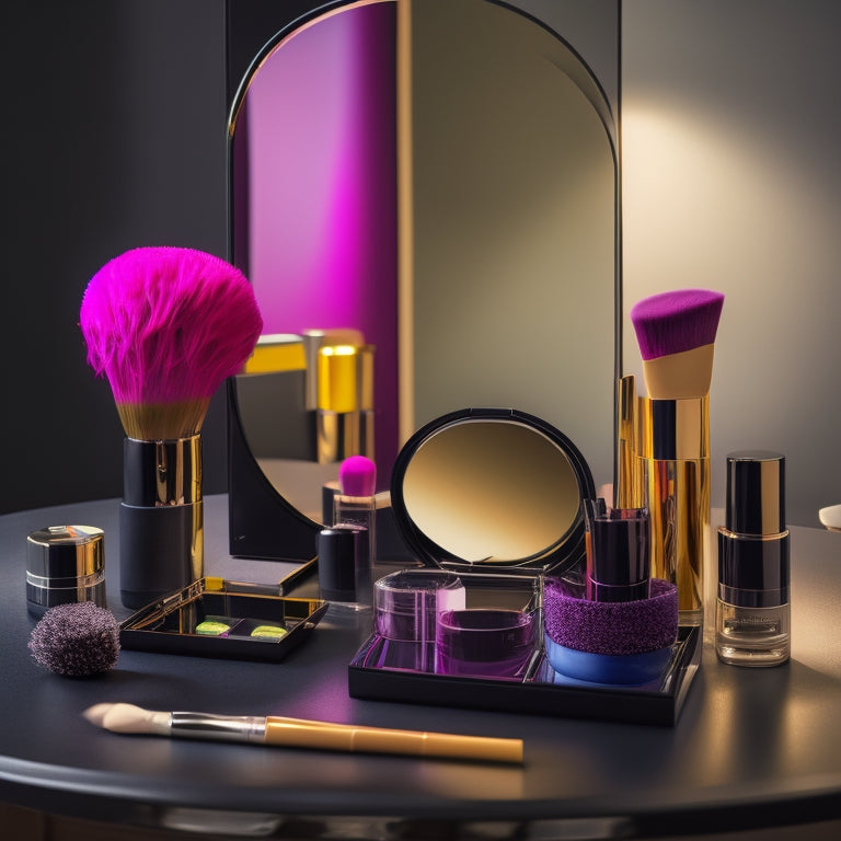 A sleek, modern vanity with a large, circular mirror, surrounded by an array of colorful makeup products, brushes, and tools, with a few strategically placed, artfully messy makeup strokes.