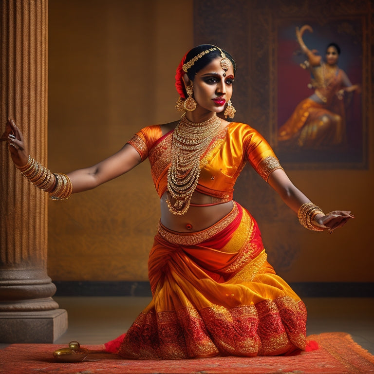 A Bharatanatyam dancer in a vibrant orange sari, adorned with intricate jewelry, stands in a dramatic ardhamandala pose, with one leg bent and the other extended, set against a warm, golden background.