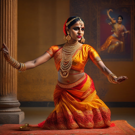 A Bharatanatyam dancer in a vibrant orange sari, adorned with intricate jewelry, stands in a dramatic ardhamandala pose, with one leg bent and the other extended, set against a warm, golden background.