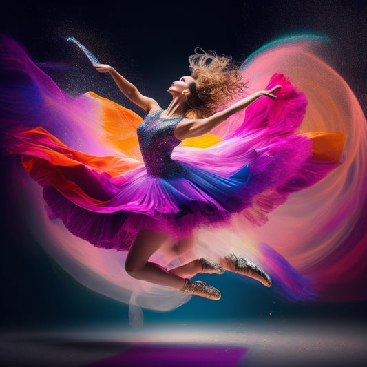 A whimsical illustration of a dancer in motion, surrounded by swirling, vibrant brushstrokes and splashes of color, with fragmented mirrors reflecting shards of light, capturing the dynamic energy of artistic expression.